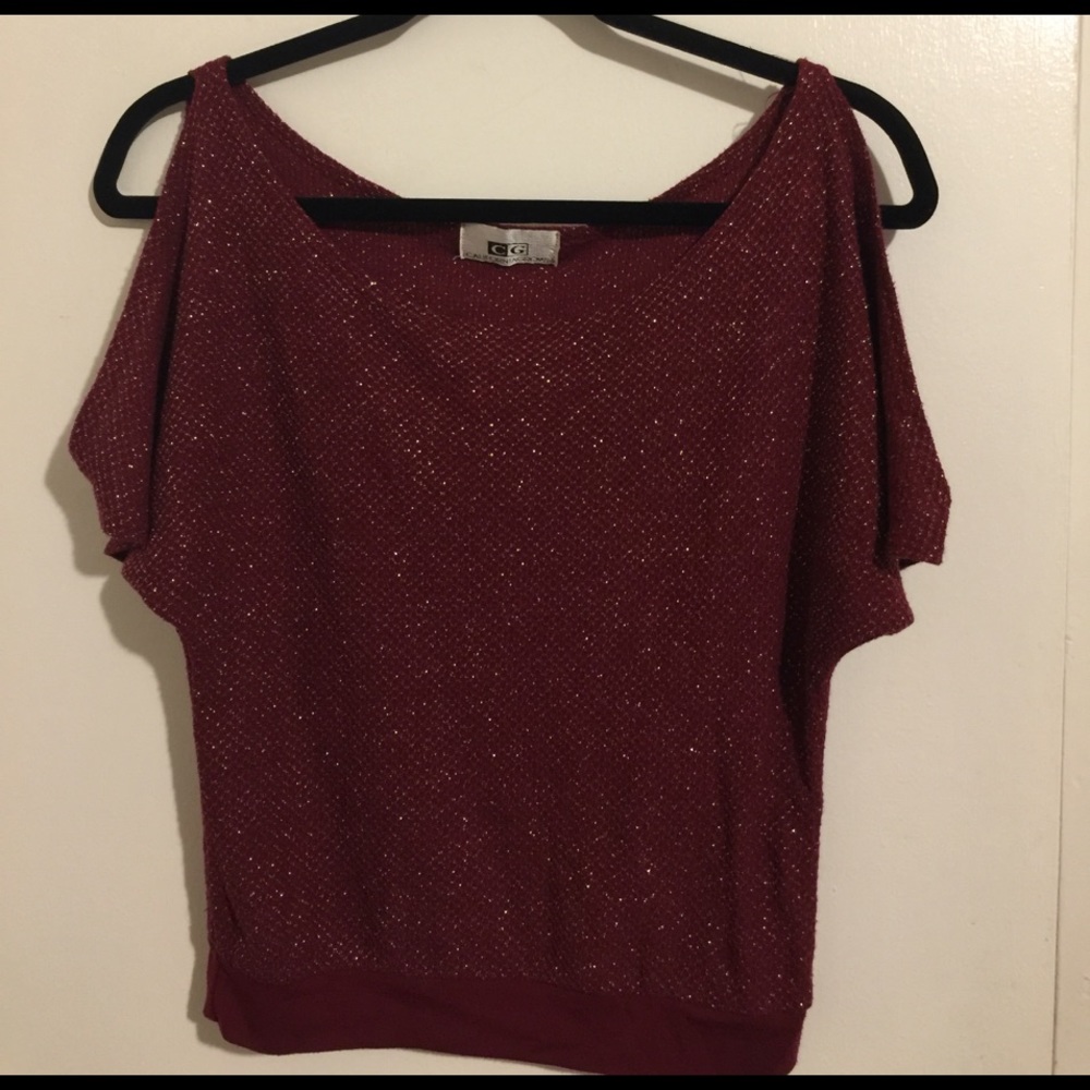 Burgundy w/ Gold Shimmer Cut-Out Short Sleeve Top