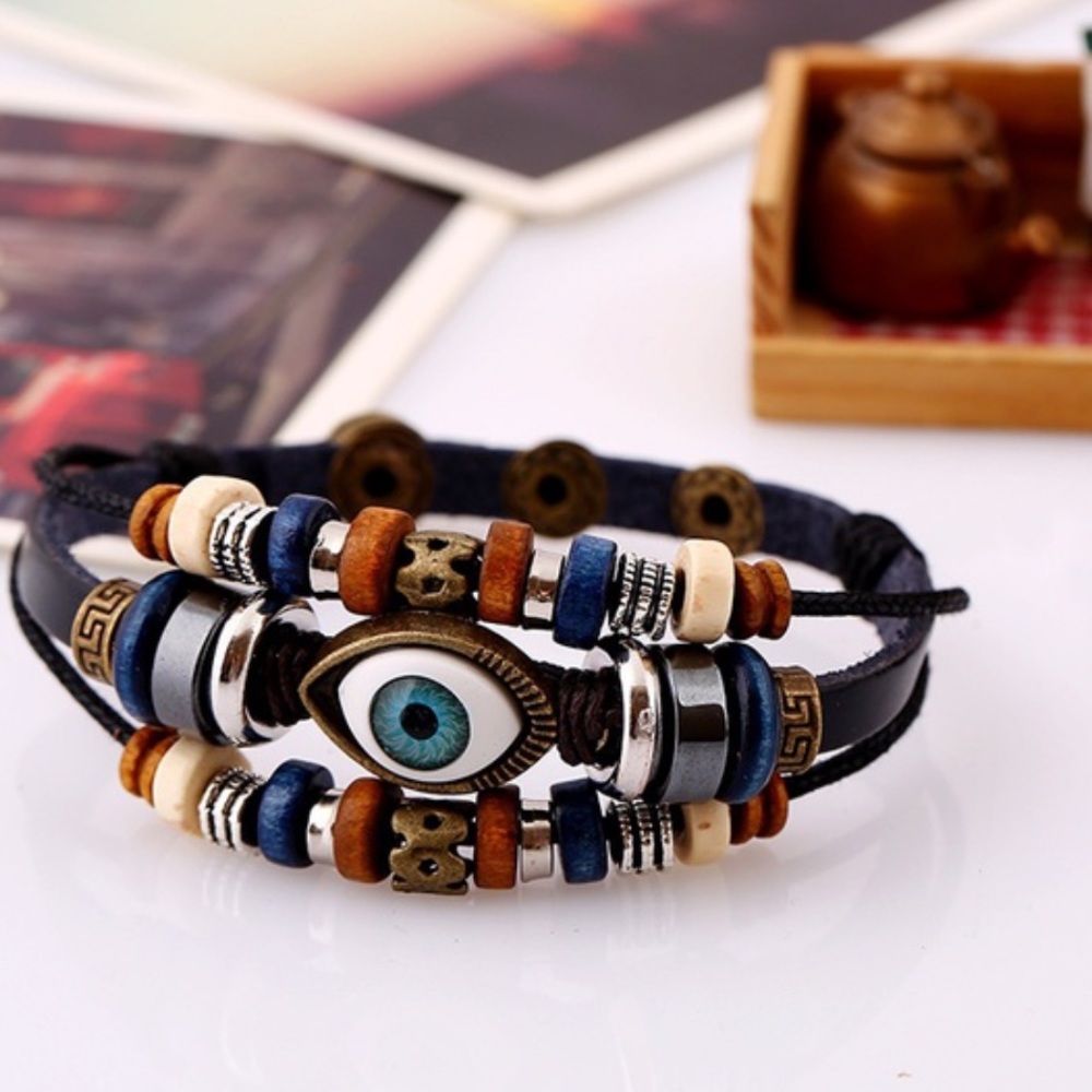 Evil Eye Black Leather & Rope Boho Bracelet