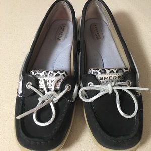 Sperry top sider loafers -- black and animal print