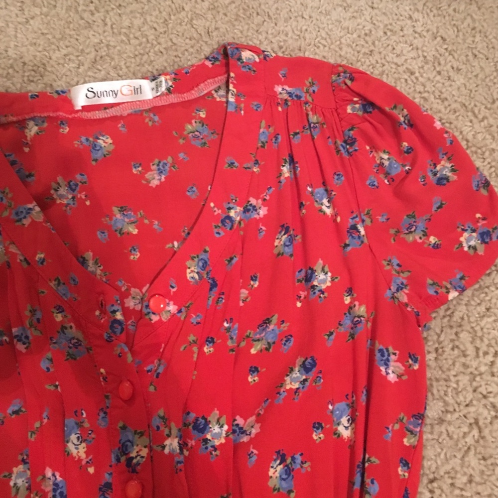 Red and blue floral print peasant dress. Size S