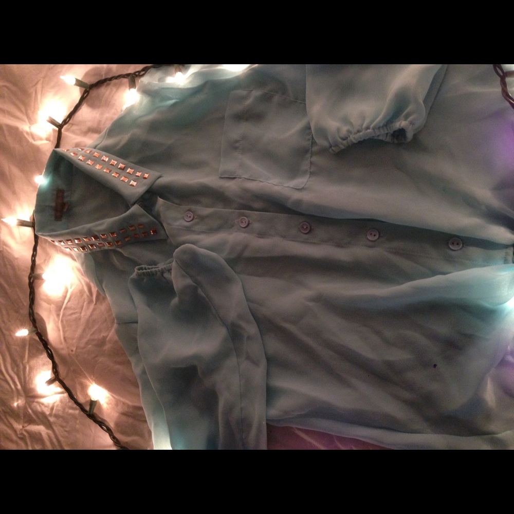 Mint blue blouse with gold rhinestones