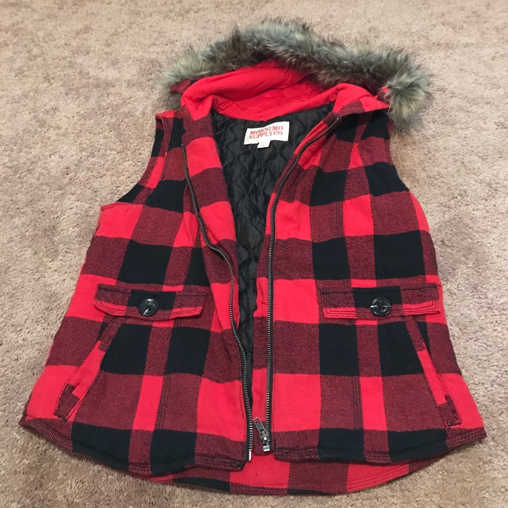 Black and Red  checkered hooded vest