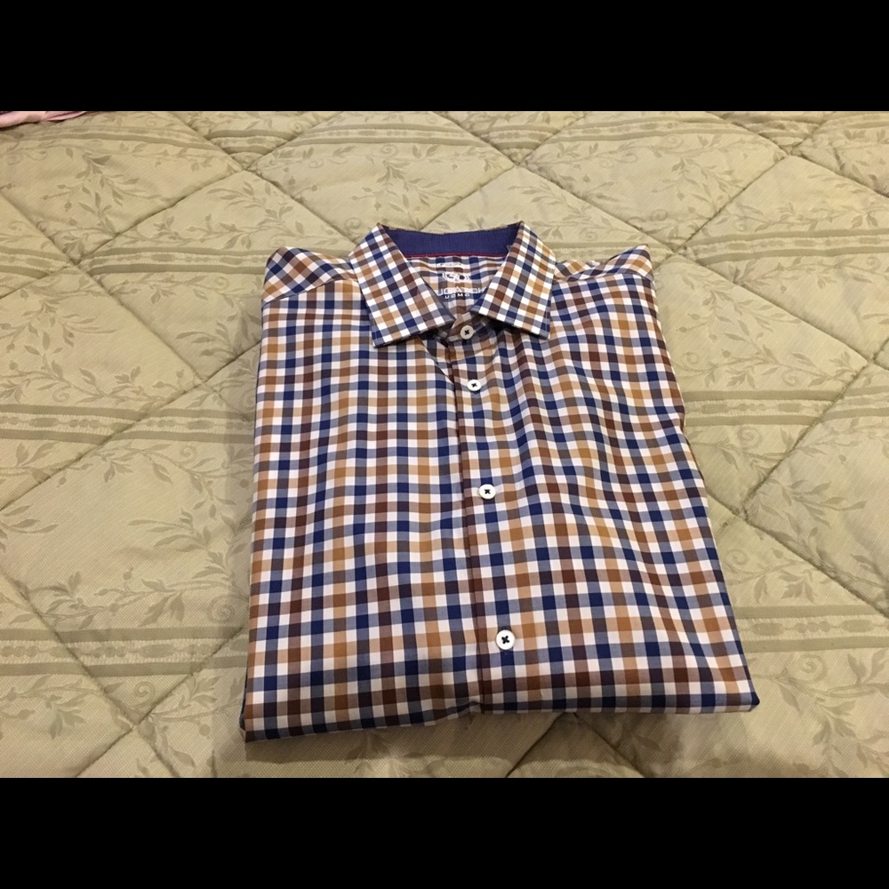 Bugatchi men's blue and beige checkered shirt
