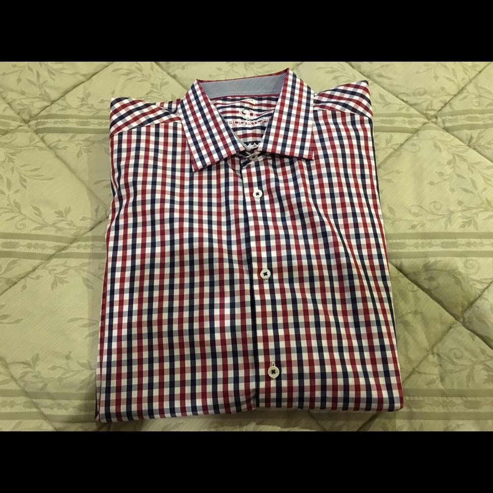 Bugatchis men's blue and red checkered dress shirt