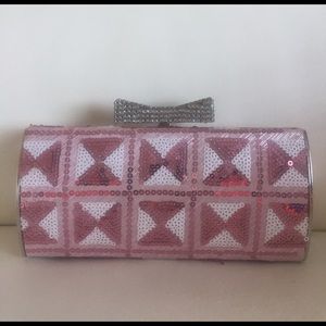 Pink bow tie rhinestone & sequin clutch