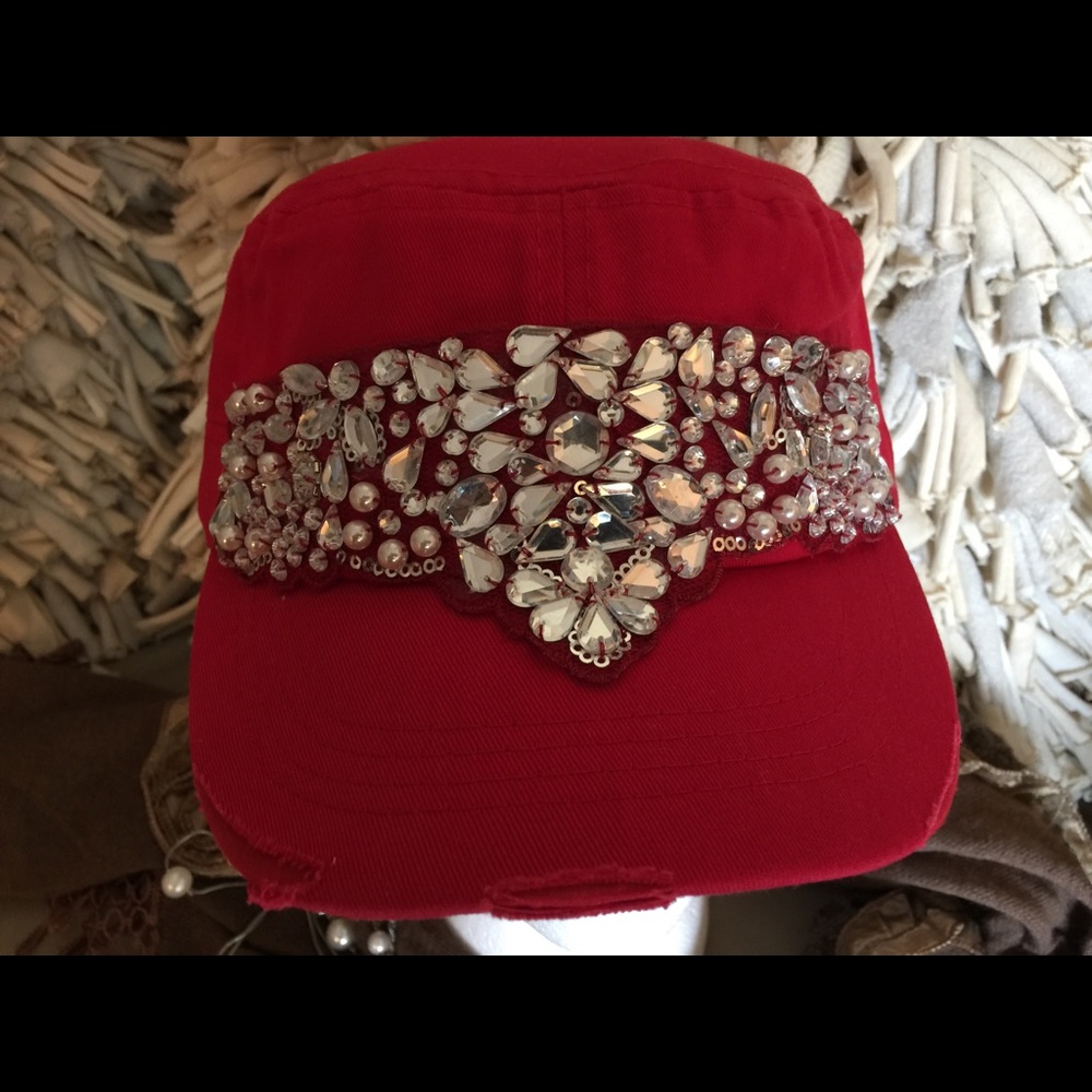 🌺CADET DISTRESSED BLING VINTAGE RED WOMENS HAT
