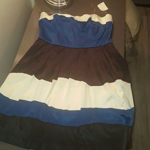 Strapless blue black and white striped dress