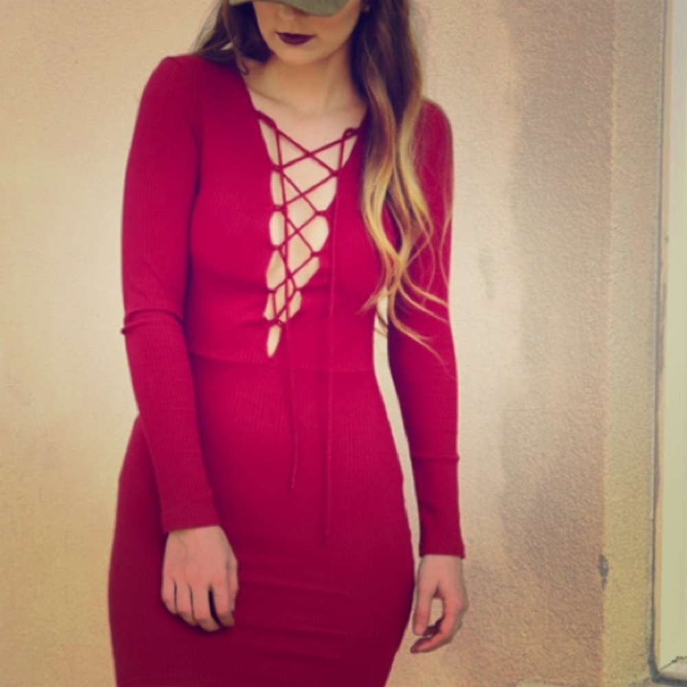 Shop Hope's Tell everybody dress in maroon