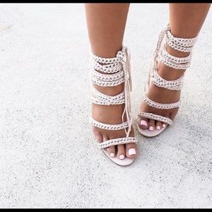 NUDE SUADE STRAPPY CHAIN LACE UP HEELS!!
