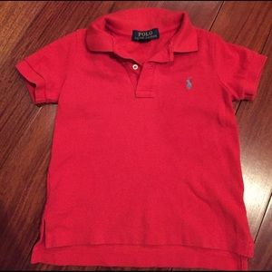 Tomato red polo. 2T with sky blue horse