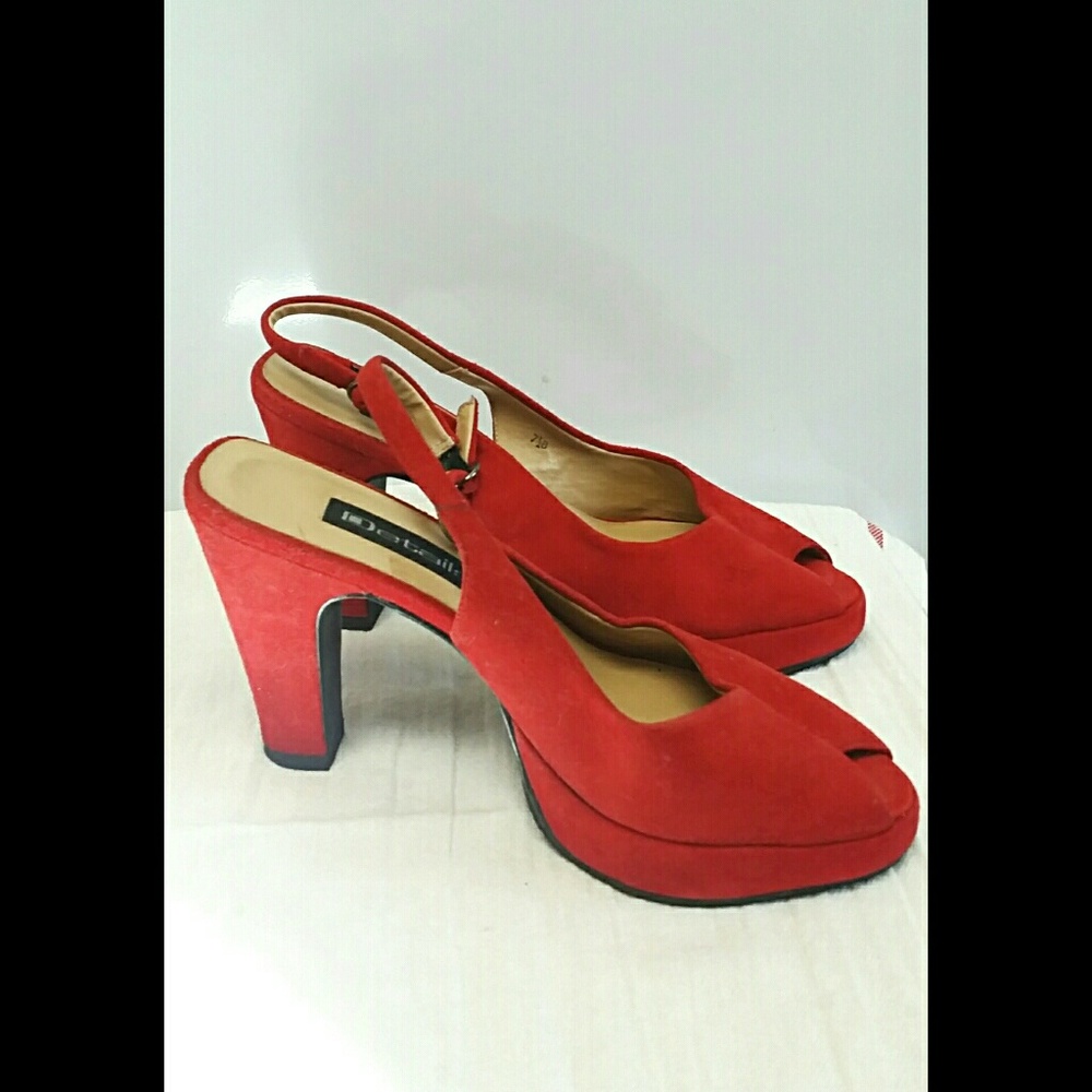 Red suede open-toe pumps by Details
