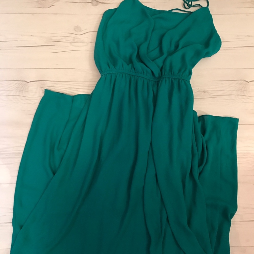 Teal long chiffon maxi dress with slip