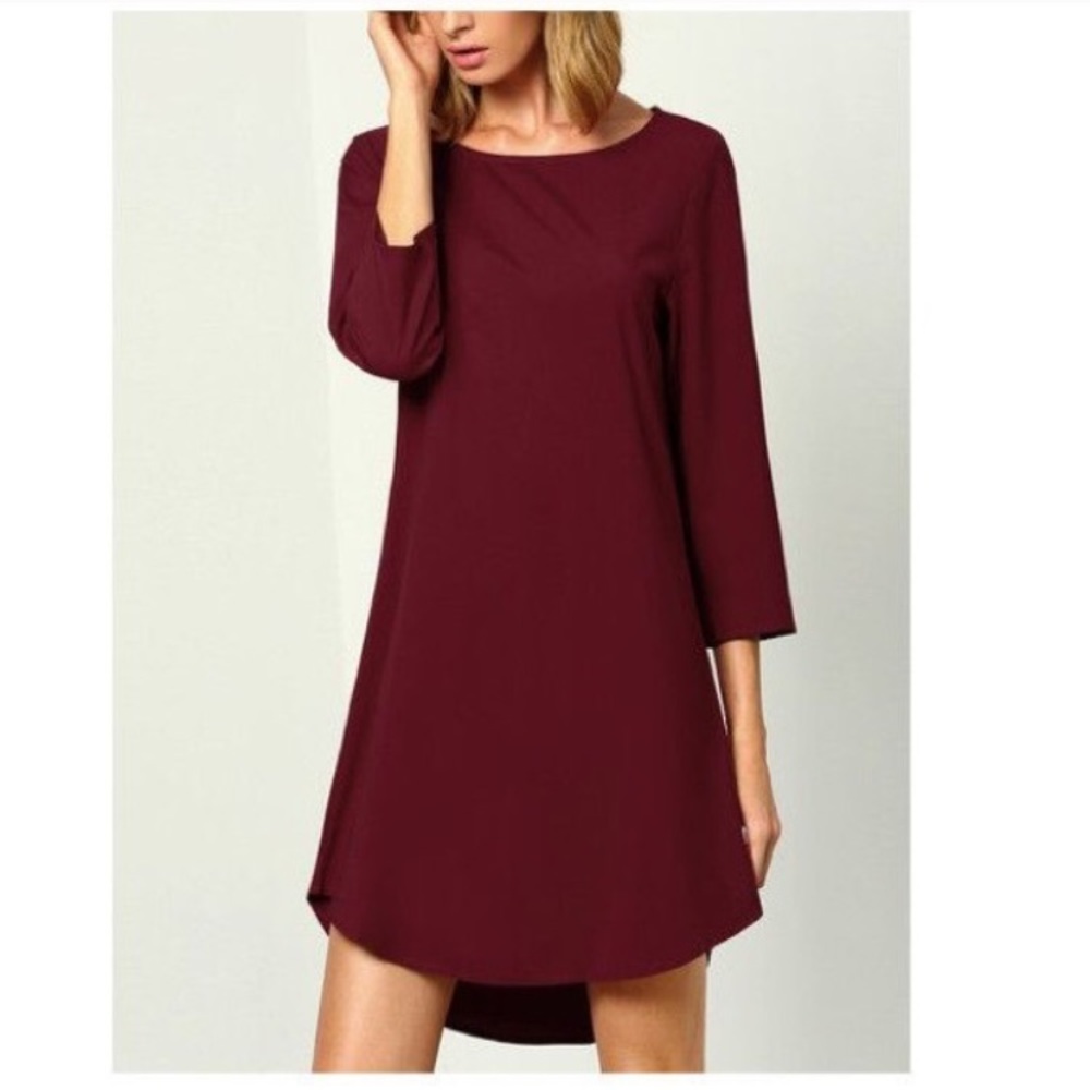 red 3/4 sleeve shift dress