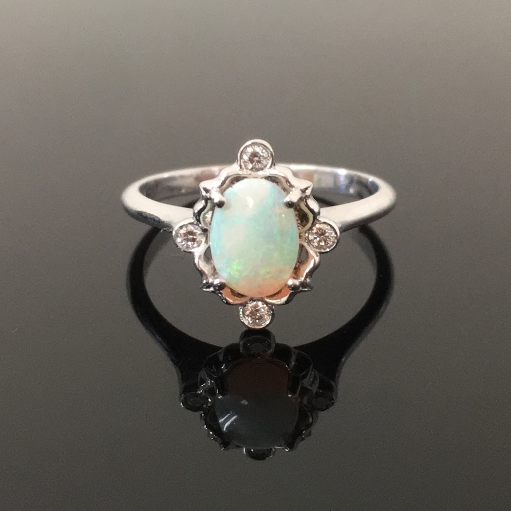 14k White Gold Genuine Diamond and Opal Ring