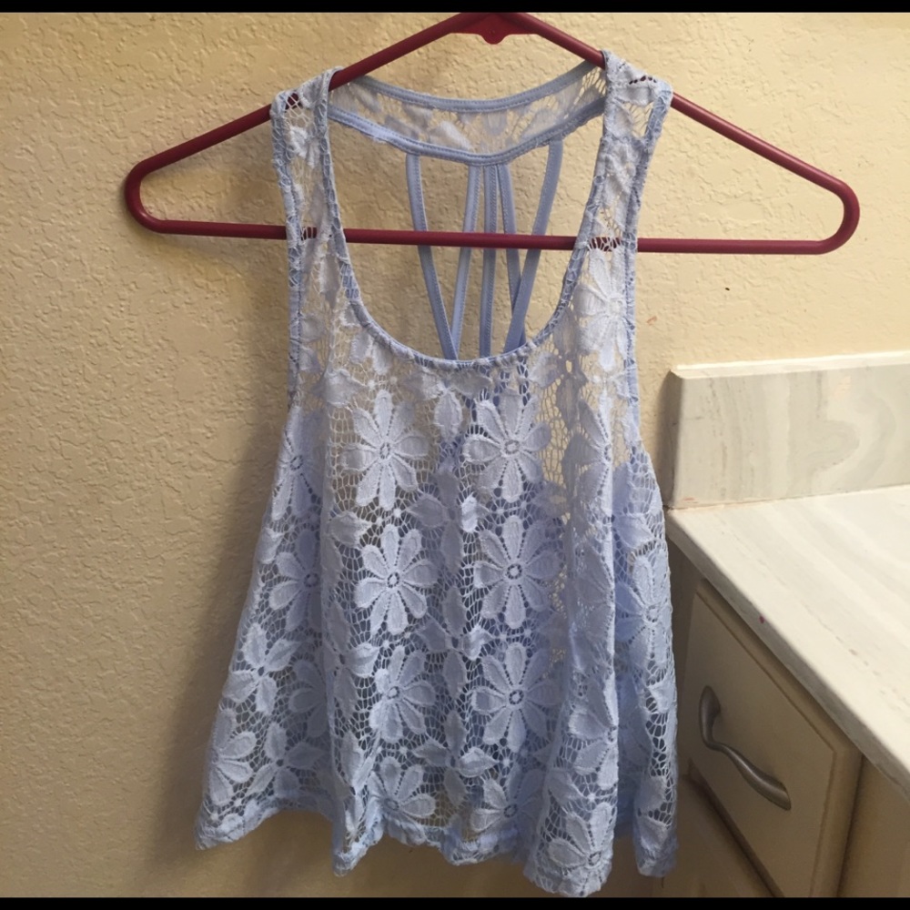 Blue Floral Lace Strappy Tanktop