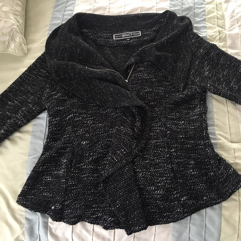 Black Double Tweed Sweater with Ruffle Detail
