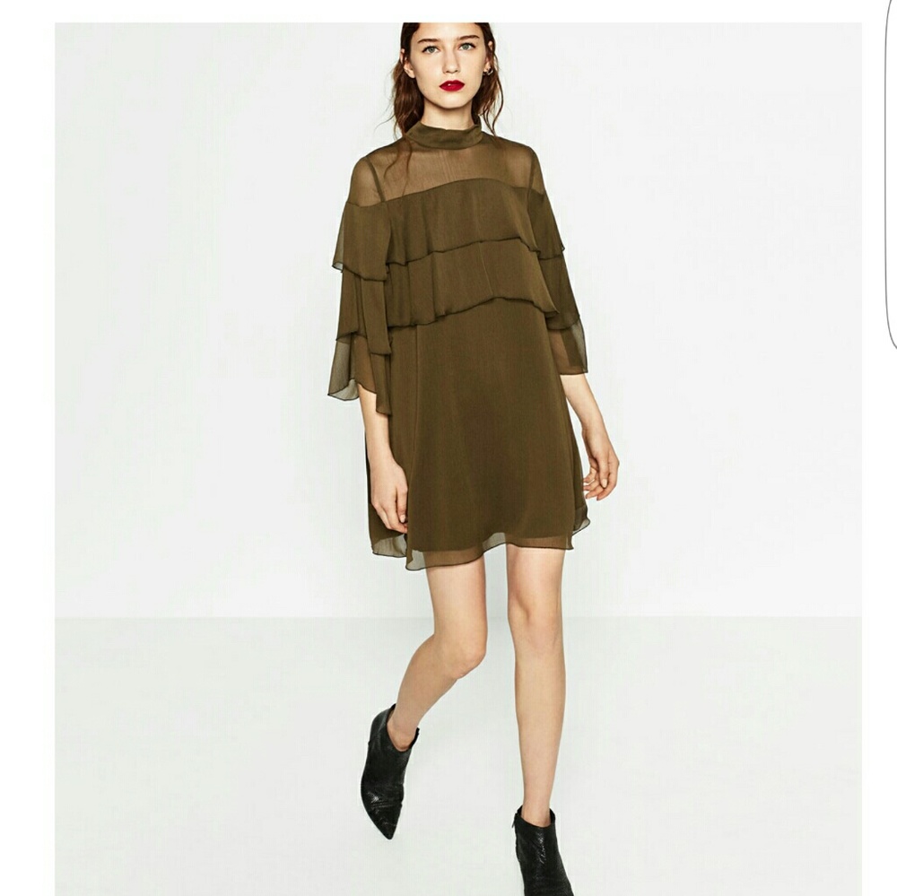 Zara Short Frilled Dress Khaki