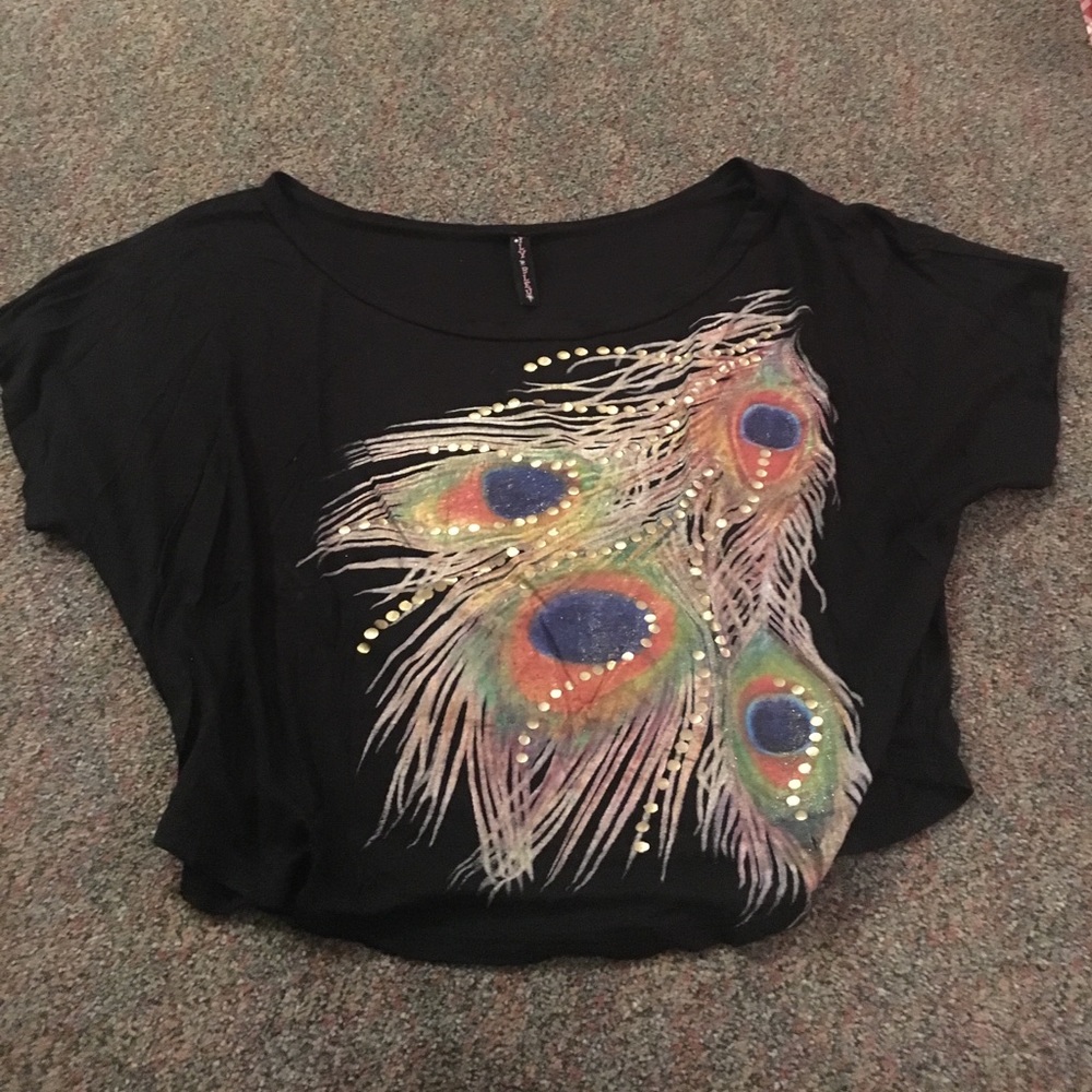 Black Crop Top with Colorful Feather Detail