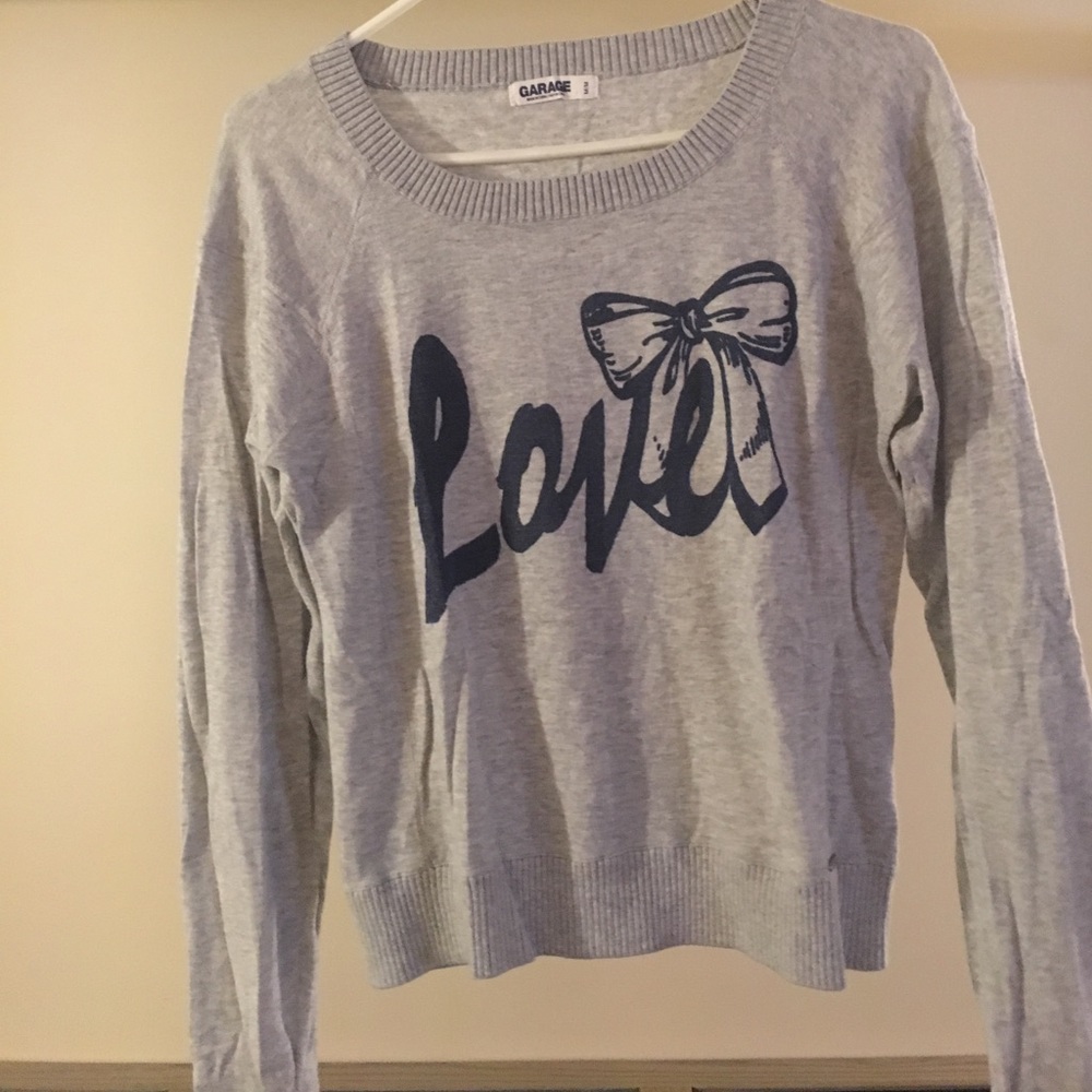 Garage Gray Sweater with Navy Blue Lettering