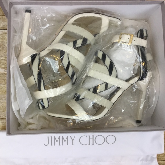 JIMMY CHOO NEW 8.5 White Black Stiletto Open Heels 38.5 EU NIB - Picture 3 of 8