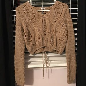 tobi cropped oatmeal lace-up sweater