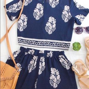 Navy Blue Leaf Print two piece outfit