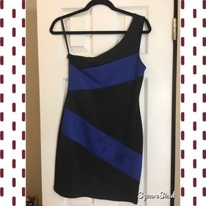 One shoulder black and blue dress
