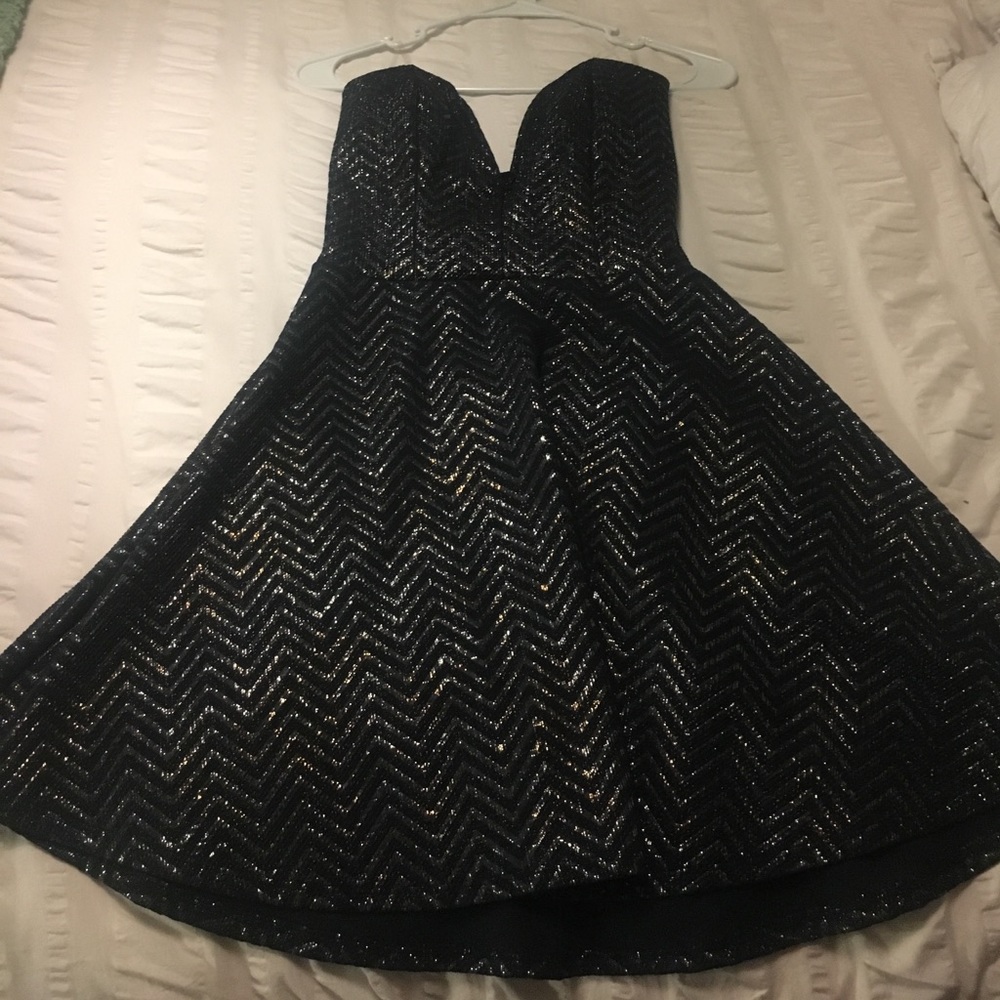 Navy and gold strapless low cut cocktail dress