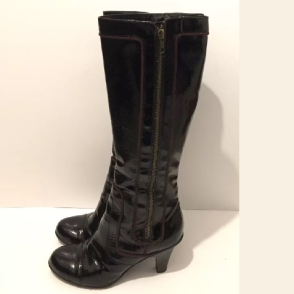 Shiny black w brown knee high boots size 6
