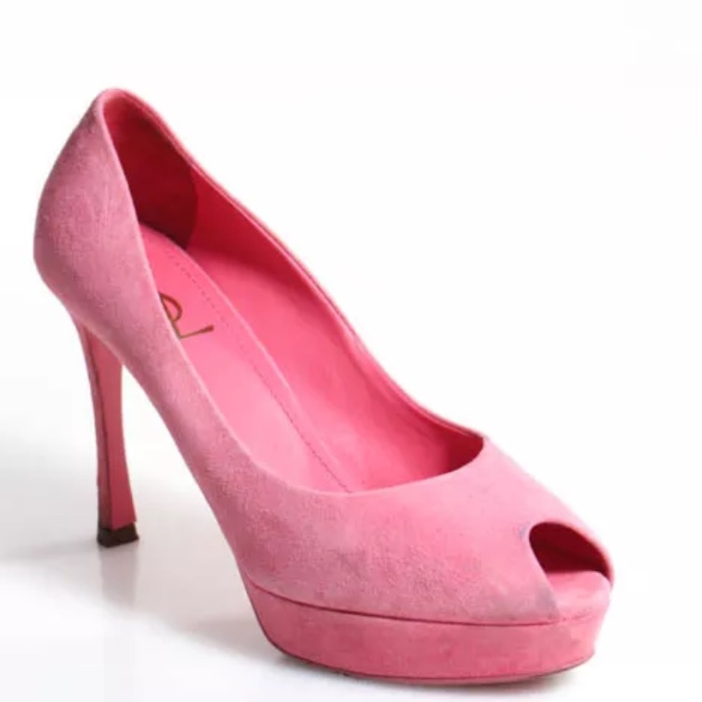 pink suede YSL heels