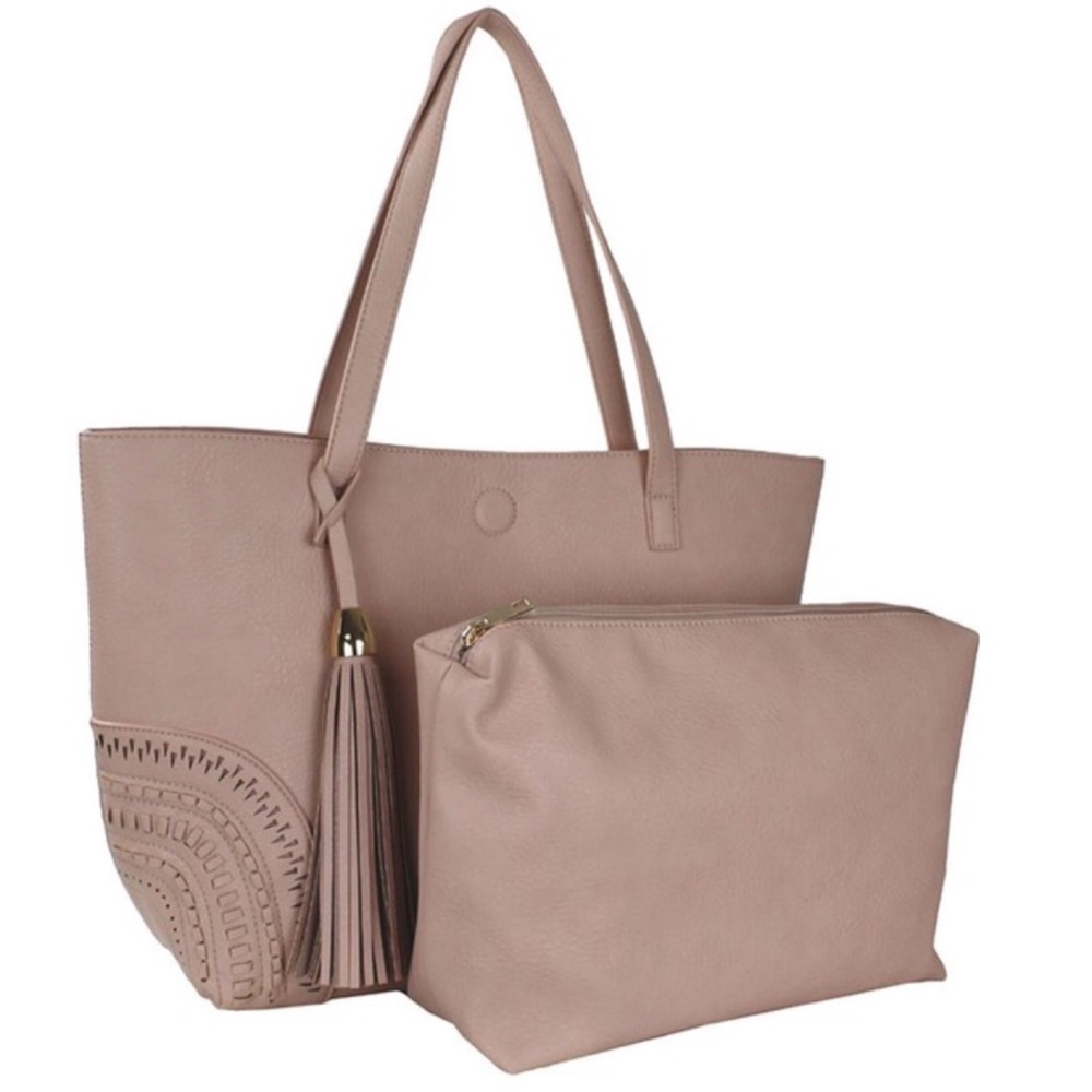 2 Bags! Steel Blue Tote Bag & Cosmetic Case Tassel - Picture 2 of 7