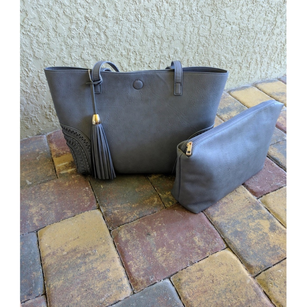 2 Bags! Steel Blue Tote Bag & Cosmetic Case Tassel - Picture 6 of 7