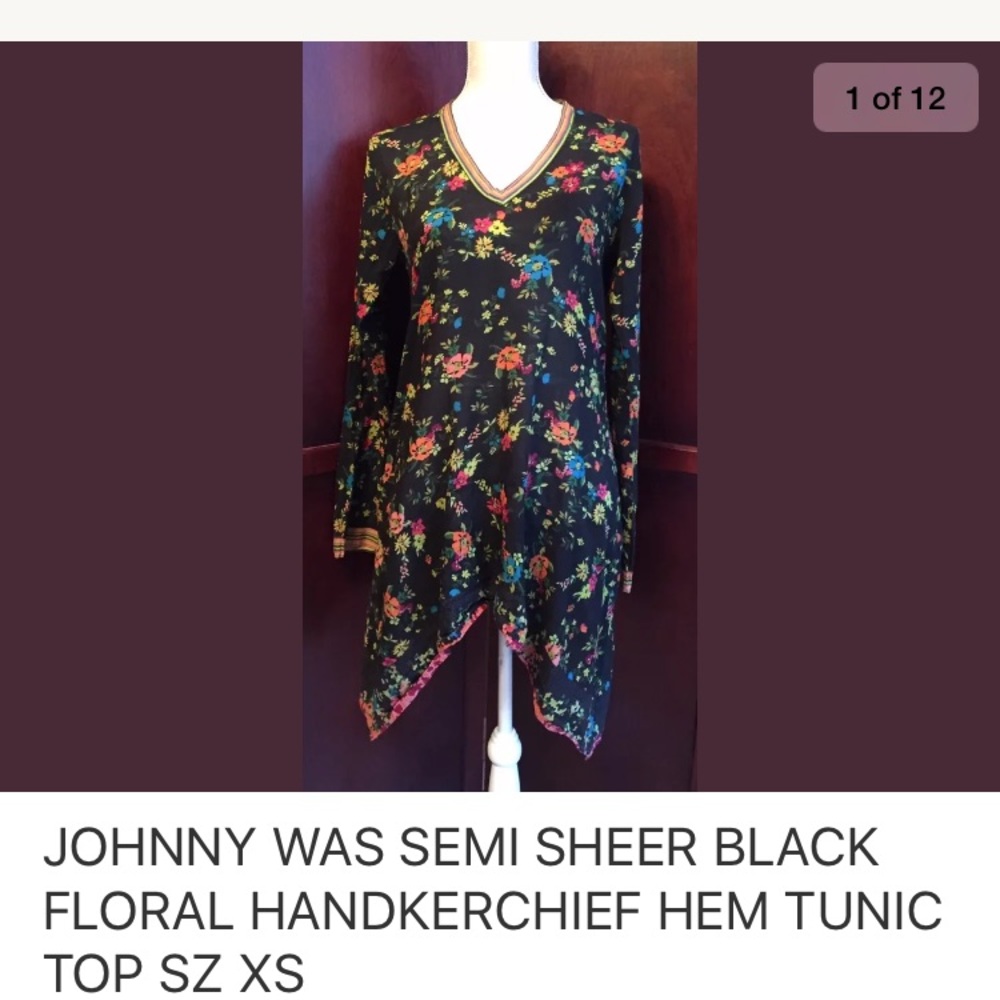 Johnny Was semi sheer tunic sz XS floral black