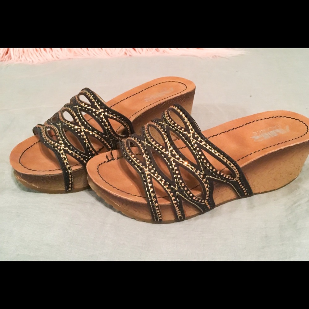 Air Balance Black / Gold Wedge Cork Sandals ~ 6