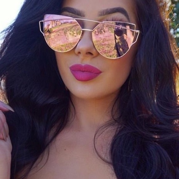 Pink / Brown Mirror Cat Eye Luxury Sunglasses - Picture 2 of 5