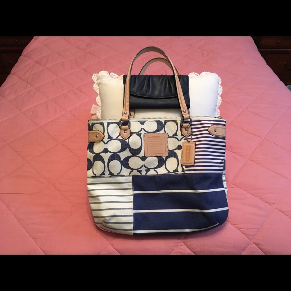 Coach purse blue stripe with blue wallet.