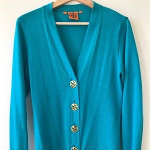 Turquoise Tory Burch Cardigan.