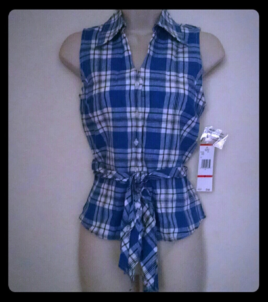 Vintage Jones New York blue white black plaid top petite - Picture 1 of 6