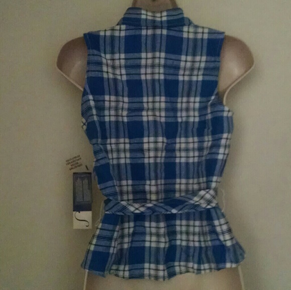 Jones New York blue white black plaid top petite - Picture 2 of 2