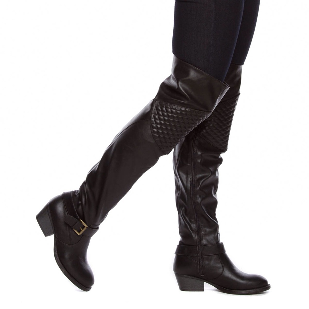 Black over the knee boots moto quilted motorcycle