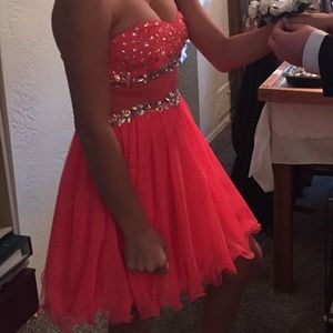 Coral Prom Dress with mesh and gems