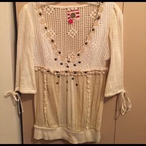 Free people cream v neck top with mesh back