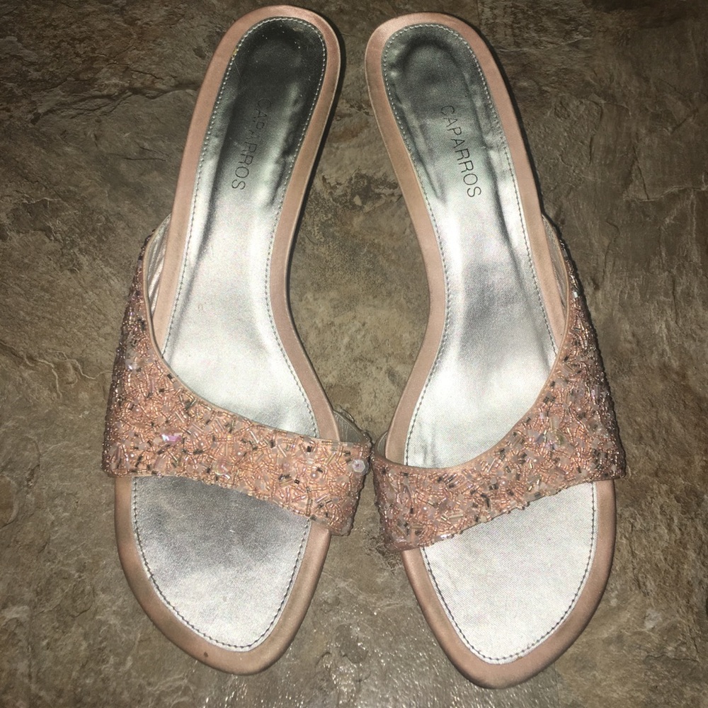 Baby pink, silk beaded short heels