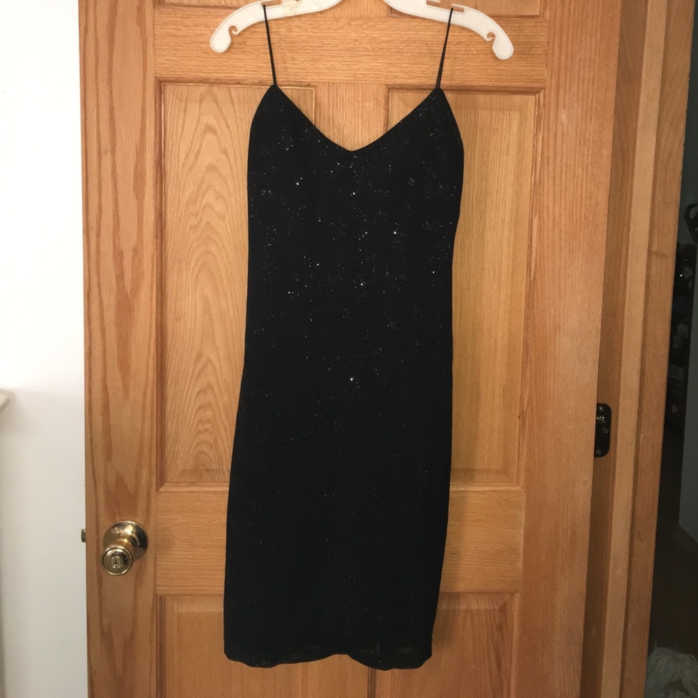 Short black dress with black glittery floral print