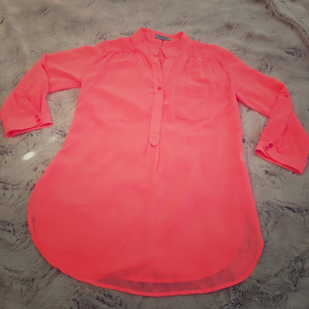 Sheer Coral Peach Button Up Blouse