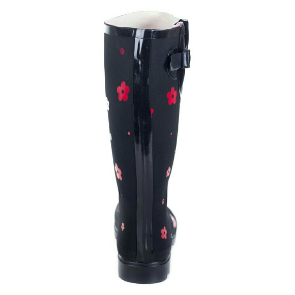 Women's Rainboots,  Rubber Tall Matte Rain Boots, RB-1521, Red Flowers - Picture 2 of 3