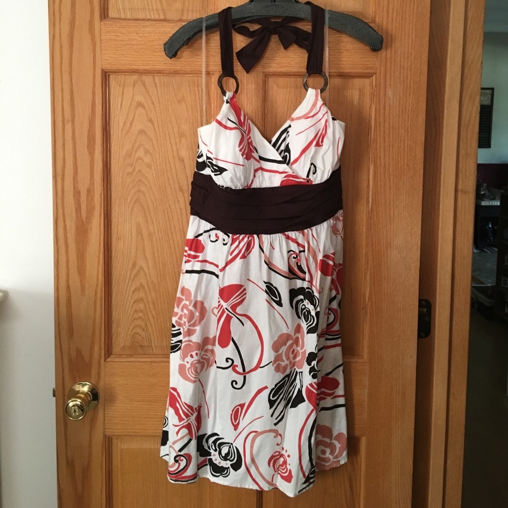 White, burnt orange and brown backless sundress