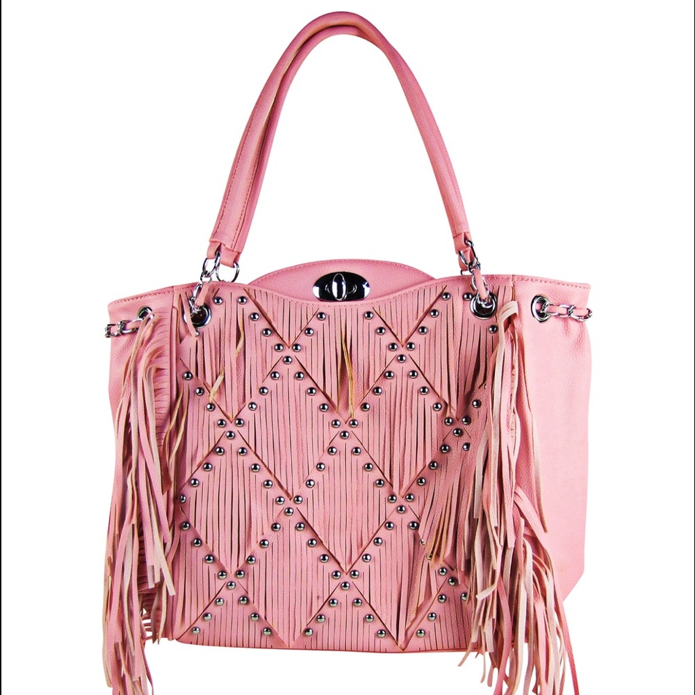 Pink Full Studded Fringe Look Shoulder Handbag
