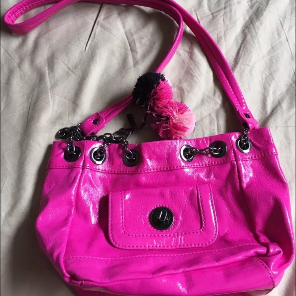 Teen vogue shiny pink cross body bag with Pom Pom