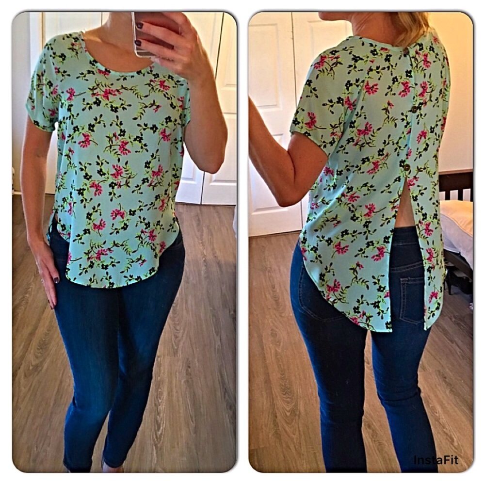 Mint green floral split back blouse